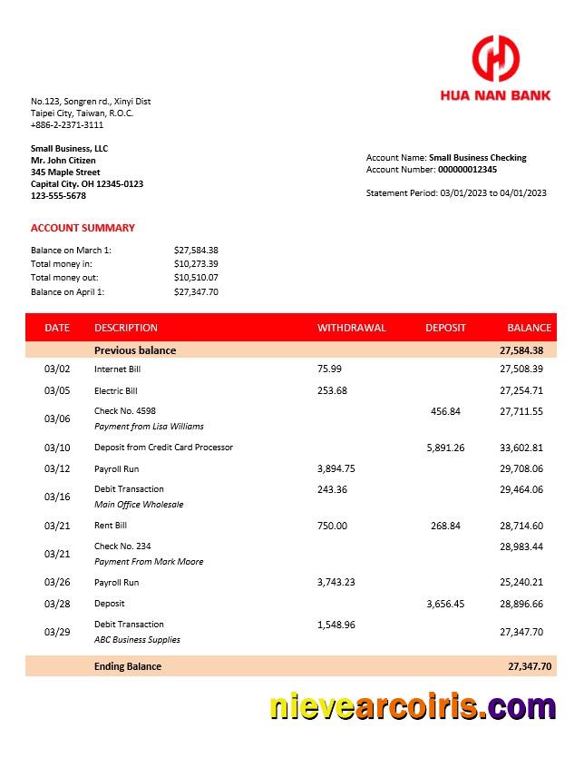 Hua Nan Financial Holdings firm bank statement